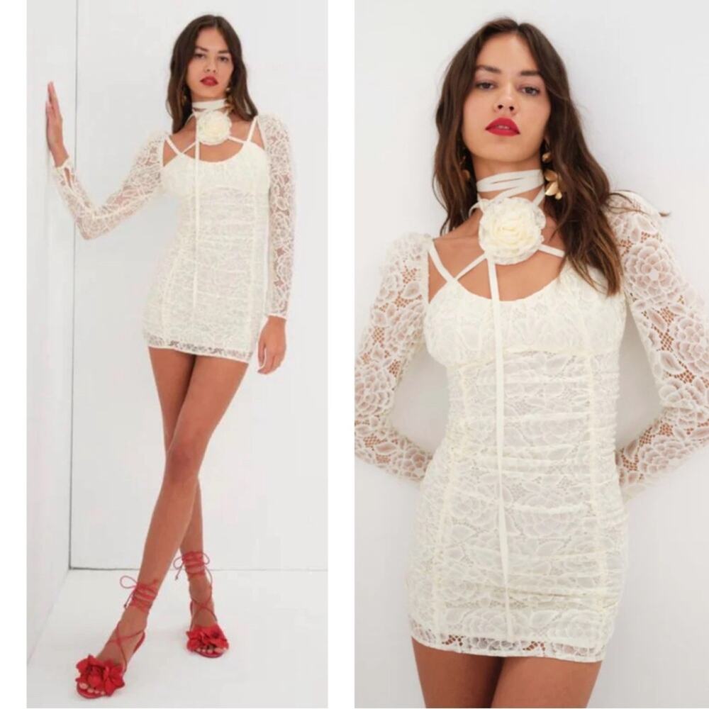 FOR LOVE & LEMONS Belladonna Lace Rosette Long Sleeve White Mini Dress Size M